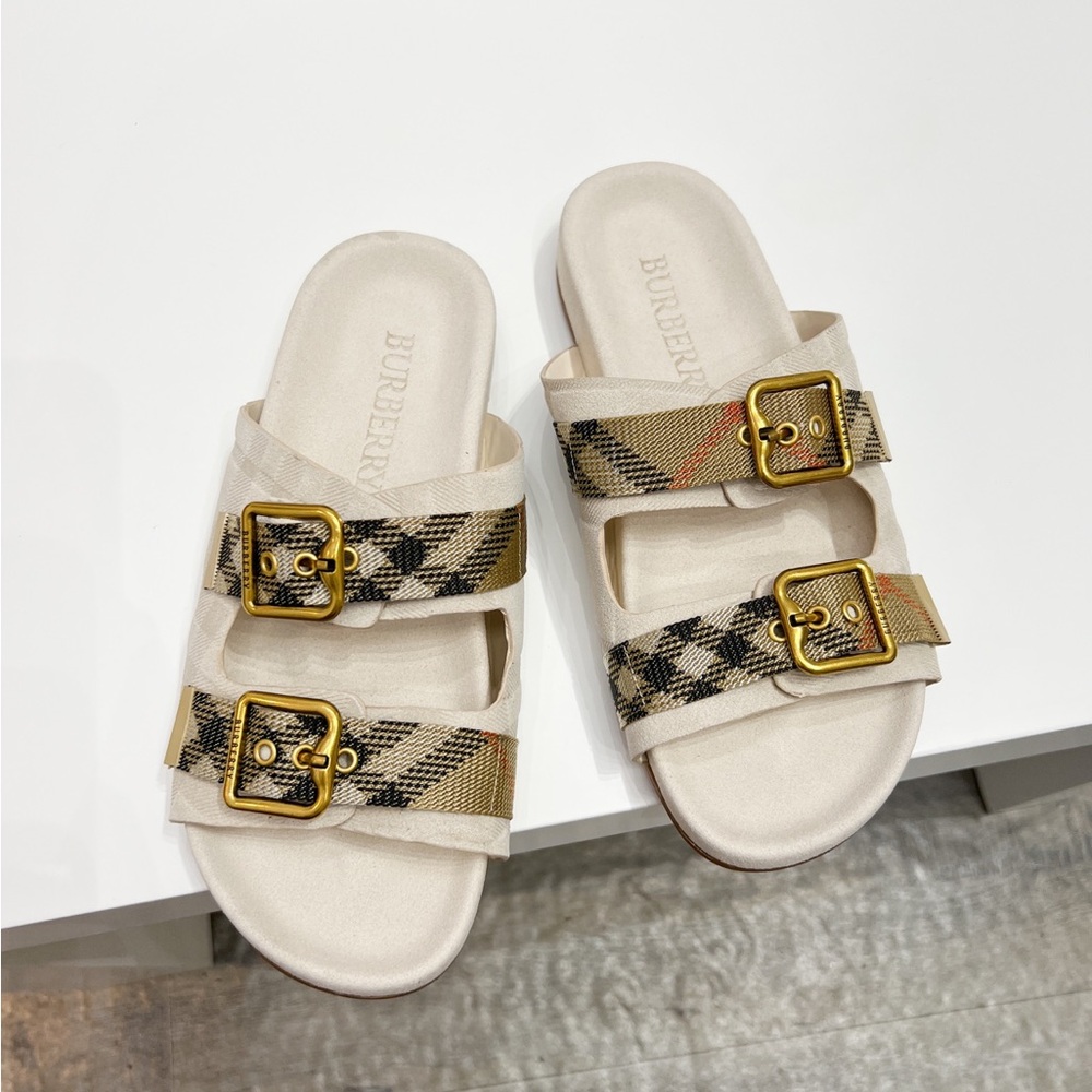 Burberry Beige Check Double-Buckle Slide Sandals